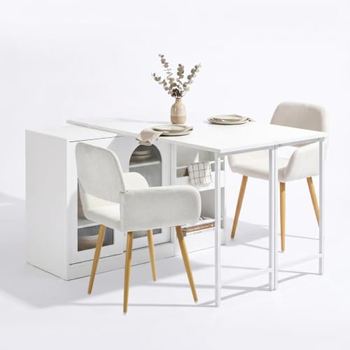FurnitureR Mesa plegable de MDF blanco con placa giratoria de 360°, espacio de almacenamiento y 2 sillas de tela beige para espacios pequeños