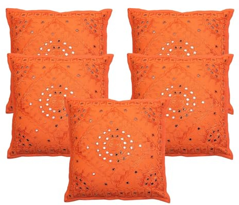 Stylo Culture Ethnico Fundas De Cojines Decorativos 40x40 cm Algodón Espejado Fundas Almohadones Sofa Naranja 16x16 Inch Bordado Cuadrado sobre Fundas Cojines Dormitorio - 5 Pcs