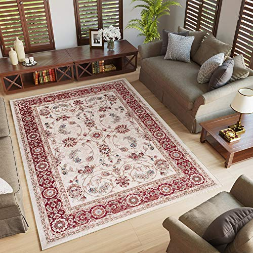 TAPISO Colorado Teppich Kurzflor Creme Weiß Rot Floral 200 x 300 cm | strapzierfähiger Teppich Wohnzimmer Klassisch Orientalisch Ornament Muster Orientteppich OEKO-TEX
