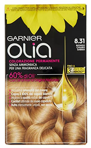 Garnier - Tinte Olia para el cabello, coloración permanente sin amoniaco de fragancia delicada, cubre el 100% de las canas, color rubio claro arena, paquete de 1 unidad