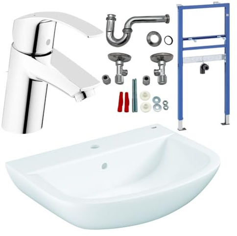 Geberit Vorwandelement mit Keramik-Armaturen-Set, Premium Waschtisch 60er (609 × 442 mm)