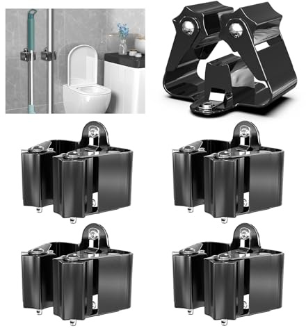 3-H Broom Holder Wall Mounted 4Pcs, Stainless Steel Mop Holder, Broom Storage Heavy Duty Tool Hook Brush Storage Organiser with Non-slip Silicone Gear for Garage Garden Shed Bathroom Kitchen (Black)