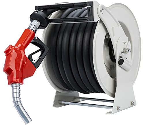 Diesel Fuel Hose Reel Retractable 1 x 50' Spring Driven Auto Swivel Rewind Industrial Heavy Duty Commercial Hose Holder Reel with Fueling Nozzle for Aircraft Ship Vehicle Tank Truck, 300 PSI