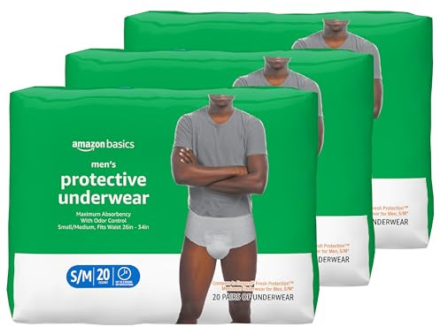 Amazon Basics Maximum Absorbency Incontinence Underwear for Men with Leak Protection and Odor Control, Disposable, Small/Medium, 60 Count (3 Packs of 20)