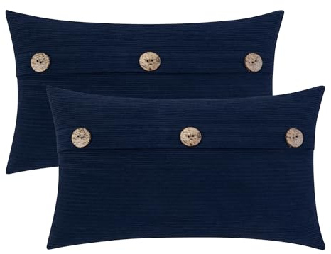 HWY 50 Fundas para Cojines con Triple Botón 30x50 cm 2 Piezas, Fundas de Cojín Decoración de Chenilla Suave Estilo Boho Moderno a Rayas para Sofá Cama Dormitorio o Salón, Color Azul Marino | Fundas de cojín decorativas a rayas suaves y acogedoras para decoración del hogar, sofá, cama, sala de estar
