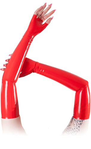 Rubberfashion sehr lange Latex Handschuhe - extra dicke fingerlose Latexhandschuhe bis zum Oberarm für Damen und Herren Rot 0.8mm S