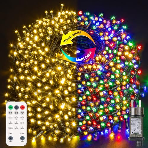 GlobaLink Weihnachtsbeleuchtung Außen 50M, 500er LED Lichterkette Strom Warmweiß und Bunt, 11 Modi mit Fernbedienung und Timer, 4 in 1 Weihnachtsbaum Lichterkette dimmbar für Weihnachtsdekoration