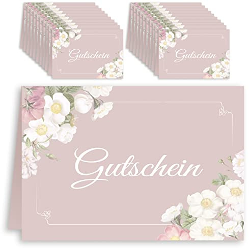 20 Gutscheine in A7 klein Altrosa mit Blumen Rosen Gutschein Karten Set Karte Geschenk Gutscheinkarte Gutscheinkarten zum selbst gestalten Geschenkgutschein selber ausfüllen blanko Weihnachten