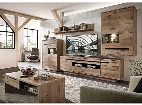 Lomadox Anbauwand Wohnwand Schrankwand Mediamöbel Media TV Wand Eiche Nb. Graphit Highboard Lowboard Fernsehschrank Wandboard Hängevitrine Couchtisch Wohnzimmertisch Beleuchtung