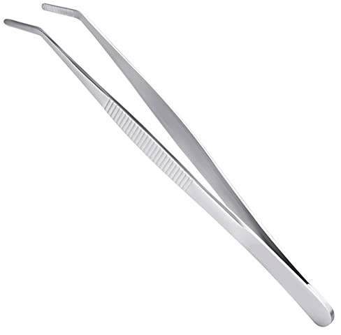Long Forceps Tweezers, Serrated Bent Flat Tips Precision Curved Science Surgical Tongs Jewelers Needle Metal Sewing Sharp Small Kitchen Cooking Tweezers With Teeth Knurled Handles (1PCS)