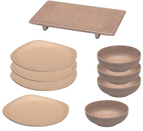 MBH - Juego de platos y cuencos de melamina PREMIUM de 8 piezas más fuente de presentación, para uso en exteriores e interiores, inastillable, ligero, sin BPA, servicio para 4, patrón stone elegant