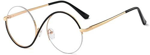 kachawoo Halber Rahmen Anti Blaulicht Brillen Weibliche Vintage Metall Brillen Optische Runde Gläser Rahmen Frauen (black gold frame)