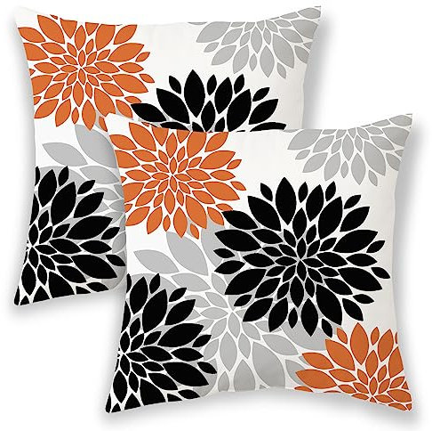 BETGINY Schwarz-orangefarbene Kissenbezüge, 45,7 x 45,7 cm, 2 Stück, moderne geometrische Dahlie, dekoratives Kissen für Couch, Sommerblumen, Outdoor-Dekoration, Kissenbezug, quadratischer
