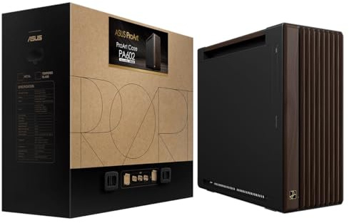 ASUS ProArt PA602 Wood Edition Modern svart, E-ATX-chassi med härdat glas, kompatibelt med GPU upp till 440 mm, 420 mm radiatorer, förinstallerade 140 mm, 200 mm fläktar