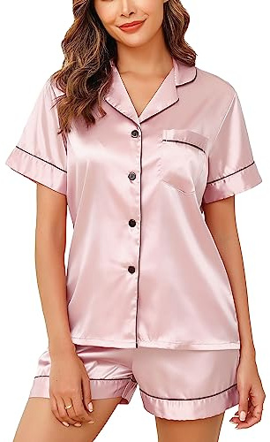 Lovasy Pyjama Satin Femme Short Ensemble Pijamas à Manches Courtes Chemises de Nuit Sexy Chic Été 2 Pièces Vêtements de Nuit en Soie Boutonnée