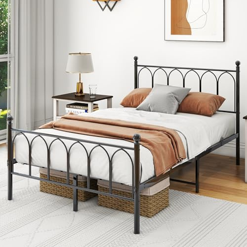 VERFARM Modern Metallbett 120x200 cm Bettgestelle mit Lattenrost, Doppelbett/Einzelbett, Bettrahmen mit Kopfteil und Fußteil, Gästebett Jugendbett für Schlafzimmer Gästezimmer, Rauschfrei, Schwarz