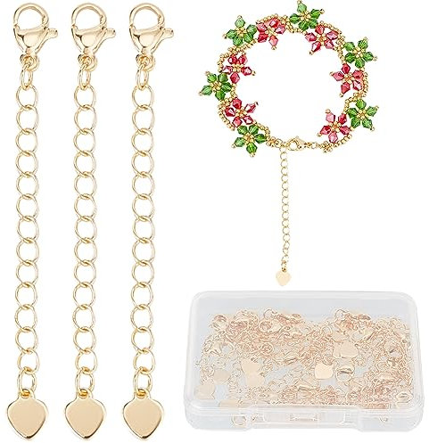 CREATCABIN 20 Extensor de Cadena de Latón Chapado En Oro de 18 Quilates, Extensores de Cadena, Cadena de Cola, Extensión Extraíble con Cierres de Pinza de Langosta, Abalorio de Corazón Pequeño 5.7 cm