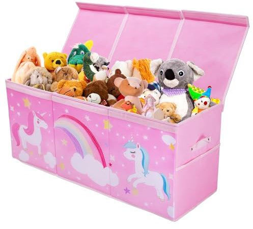 Groß Aufbewahrungsbox mit Deckel Kinder, Zusammenklappbare Oxford-Netztaschen Spielzeugkiste mit Griff, Stabiler Wasserdichter Spielzeug Aufbewahrung im Kinderzimmer, 96×32×40 cm (Rosa Einhorn)