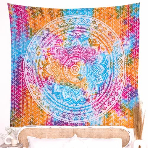 RAJRANG BRINGING RAJASTHAN TO YOU Mandala-Wandteppich, mehrfarbig, 152 x 127 cm, für Schlafzimmer und Wohnzimmer, Wandteppiche aus Baumwolle