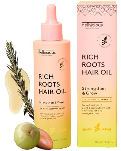 Delhicious Rich Roots Amla and Rosemary Hair Growth Oil, 100ml | Ayurvedic Scalp Oil for Hair Growth Routines, Thinning Hair and Dry Scalp, with Argan Oil. Vegan and Sulphate Free