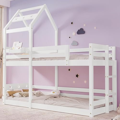 ZYLOYAL10 Lit pour enfant, cabane dans les arbres, avec toboggan et échelle, 90 x 200 cm, lit mezzanine pour enfant – 2 sommiers à lattes, blanc