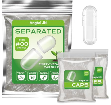 Angtai JN Taglia 00 Capsule Vuote Vegetali Separate 200 unità,Inclusi corpo capsula e tappo capsula,Compatibile con riempitrice di capsule 00