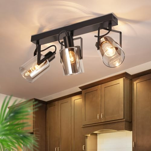 CBJKTX Deckenstrahler Schwarz Deckenspots 3 Flammig 350° Schwenkbar | Deckenlampe E14 Spots Glas Deckenleuchte Strahler Rauchgrau Modern küchenlampe für Flur Küche Wohnzimmer（Ohne Lichtquelle）