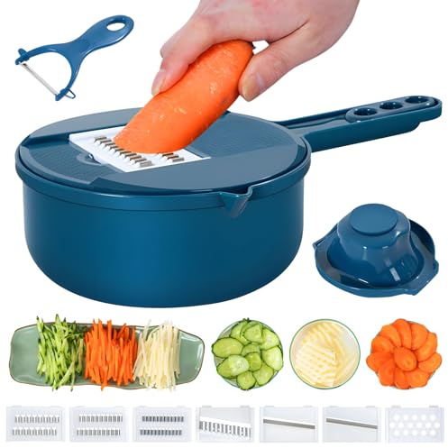 Tritatutto per Verdure - 9 IN 1 Affettatrice per Patate, Grattugia per Verdure Tritatutto con Contenitore Tritatutto Multifunzionale Taglierina per Verdure Affettatrice con 6 Lame in Acciaio
