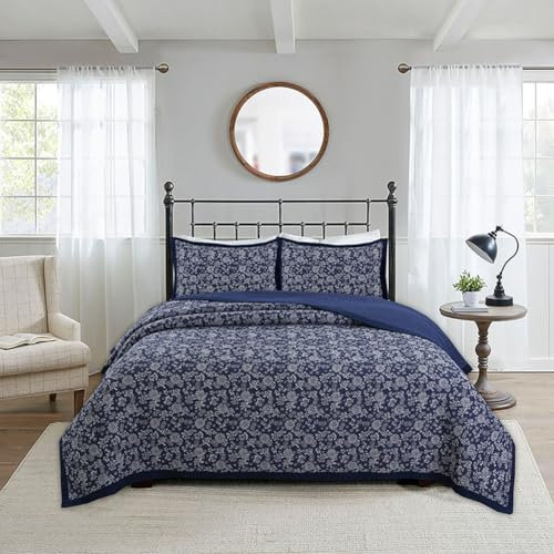 DMBAOD Tagesdecke Bettüberwurf Baumwolle Decke Steppdecke Überwurf für Bett, Gesteppte Winterdecke, Patchwork Stil Bettdecken Für Doppelbett Mit 2 Kissenbezügen blau 250x270cm