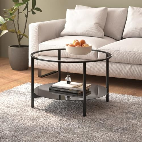 LVHUIDEH Beistelltisch mit unteren Ablage, Runde Couchtisch, Wohnzimmertisch, Metallrahmen, Teetisch, Robust und Langlebig, 70 x 46 cm, Hartglas