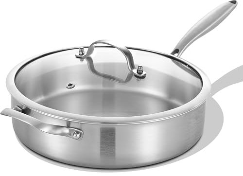 LOLYKITCH 5 Quarts Tri-Ply Stainless Steel Sauté Pan wih Lid, 12 Inch Deep Frying Pan,Jumbo Cooker,Induction Cooking Pan,Dishwasher and Oven Safe,Detachable Handle.