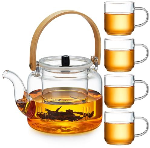 MESNEY Tetera de Cristal 1100ml con Infusor – Juego de Tetera con 4 Tazas – Vidrio de Borosilicato Resistente – Vertido Limpio y Antigoteo