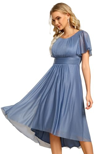Ever-Pretty Vestidos Invitada Boda Elegantes Cuello Redondo Midi Manga Corta Azul Polvoriento 44