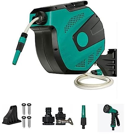 Retractable Garden Hose Reel Storage Rack Wall Mounted Automatic Rewind 1/2 x 100 ft Lockable 180° Swivel Hose Holder Stand for 30M Hose