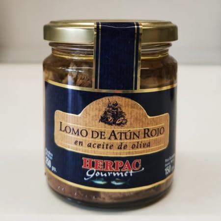 Lomo de Atún Rojo en aceite de oliva - HERPAC - Tarro de cristal con capacidad de 250 gr - Conservado con Aciete de Oliva - Sin apenas grasas - Trozos de lomo de atún - Con todo el sabor.