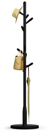 Awatiwa Garderobenleiste aus Massivholz, freistehende Baumgarderobe mit 8 Haken(+ 2 Ersatzteil),3 verstellbare Größen, Hutständer für Schlafzimmer/Büro/Eingangsbereich(runder Boden, Schwarz)