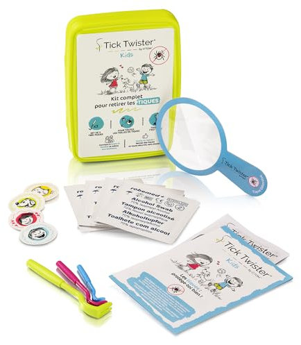 Tire Tique Spécial Enfants – Kit Complet avec Pince à Tique (set de 3) pour Humain, Lingettes Désinfectantes, Pansements Fun, Loupe et Boîte de rangement – Retrait Facile et Sans Douleur