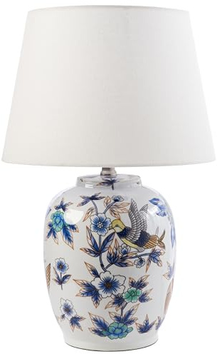 Beliani Stilvolle Tischlampe mit floralem Patten Porzellansockel Leinen-Trommelschirm Beleuchtung Weiß und Blau Sunja