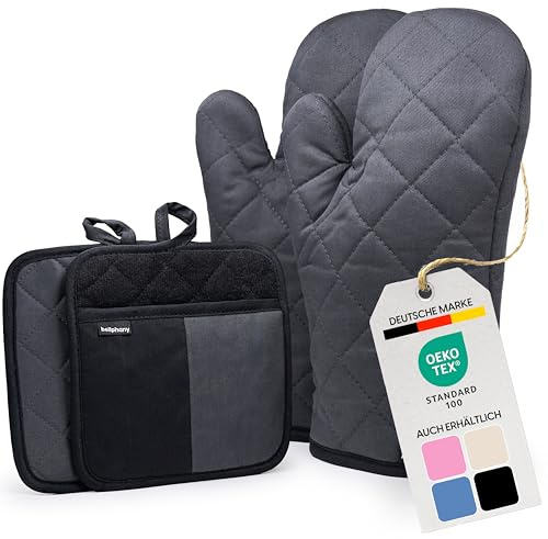 Bellphany Topflappen Ofenhandschuhe - Handschuh Topfhandschuhe, Anthrazit | Set Backhandschuhe und Topflappen aus Baumwolle zum Kochen & Backen, stilvolle Kochhandschuhe hitzebeständig bis 250°C