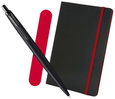 Parker Jotter Monochrome XL Kugelschreiber matt schwarz + A5 Deluxe Notizbuch + rotes Samtstiftetui - Schreibgeschenk-Set