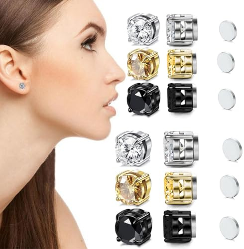OUDQFCJ 12 piezas Pendientes de Imán para Hombre Mujer Pendiente,Pendientes Magnéticos, Magnéticos Hombre Diamante Pendiente Iman Hombres Plata