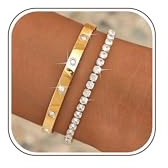 Diamday Pulsera Mujer Oro 18K Pulseras Acero Inoxidable Mujer Ajustables Juego Pulseras de Tenis con Circonitas Apilable Brazalete Dorado Minimalismo Regalos de Joyería