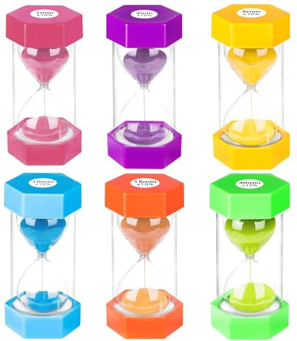 Zorplex Lot de 6 Sabliers Colorés, Minuteries 1/3/5/10/15/30 Minutes, Minuteur Sablier pour Enfants et Adultes, Idéal pour Cuisine, Jeux, Apprentissage et Maison