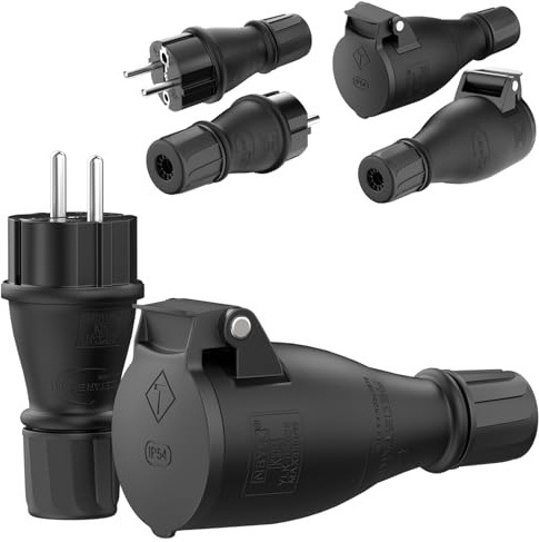 RedStar24 Schutzkontakt Stecker & Kupplung 230 V IP54 – 3x Schuko Stecker & 3x Kupplungen mit Zugentlastung & Knickschutz – robustes Outdoor Set für Verlängerungskabel, Baustelle & Garten | Schwarz