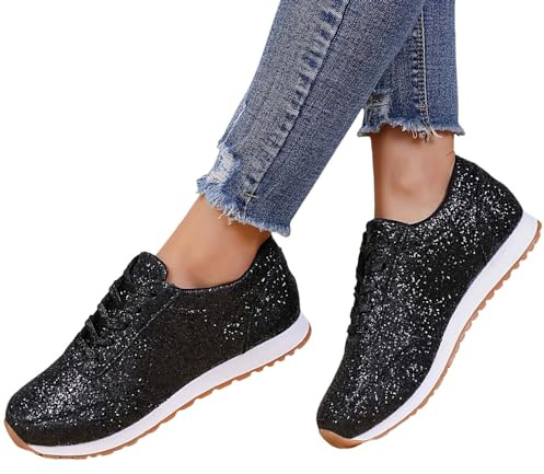 EQWIGKEIT Zapatos brillantes para mujer, transpirables, zapatos de fiesta, clásicos, brillantes, ligeros, planos, para caminar, ocio, zapatillas deportivas con lentejuelas, A13 negro, 38 EU