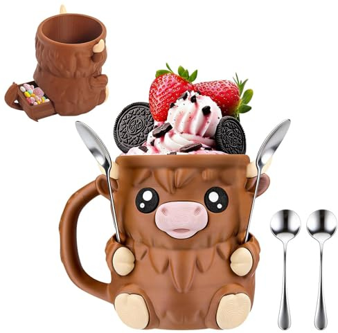 SKIPTHYBER Highland Cow Ice Cream Holder-3D Printed Ice Cream Holder 16oz Ice Cream Cups with Anti-Freeze 2 Spoons & Handle, Highland Cow Lover Gifts,for Home Travel Party Camping Picnic School