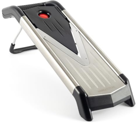 Profi V-Gemüsehobel Edelstahl - Mandoline Küchenhobel inkl. 5 Einsätze - Verstellbarer Gemüseschneider für Scheiben & Julienne (1,5-5mm) - V-Hobel mit Restehalter & Klingenbox - Spülmaschinenfest