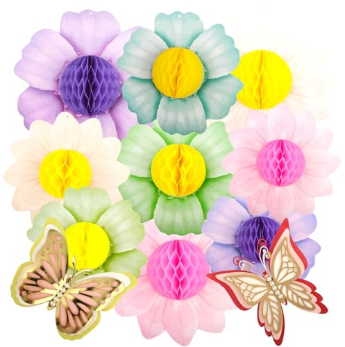 LEIMEND Decorazioni Floreali in Carta a Nido D'ape 9 Pezzi | Decorazioni Floreali 3D（2 Farfalle di Carta） per Compleanni Matrimoni Decorazioni da Tavola Aule Scolastiche Baby Shower