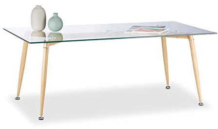 Relaxdays Couchtisch Glas, mit gehärteter Tischplatte, Metallbeine in Holzoptik, HxBxT: 45x120x60 cm, durchsichtig/braun
