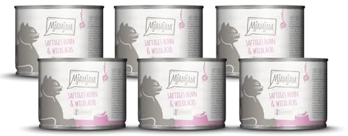 MjAMjAM - nourriture humide premium pour chats - poulet juteux et saumon sauvage, pack de 6 (6 x 200 g), sans céréales avec supplément de viande